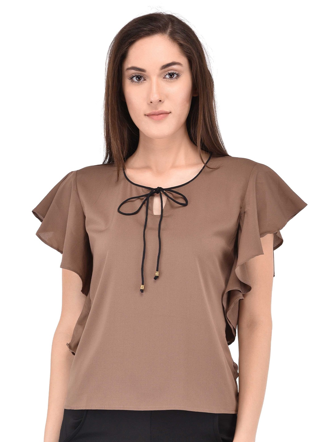 

Berrypeckers Tie-Up Neck Flutter Sleeve Top, Brown