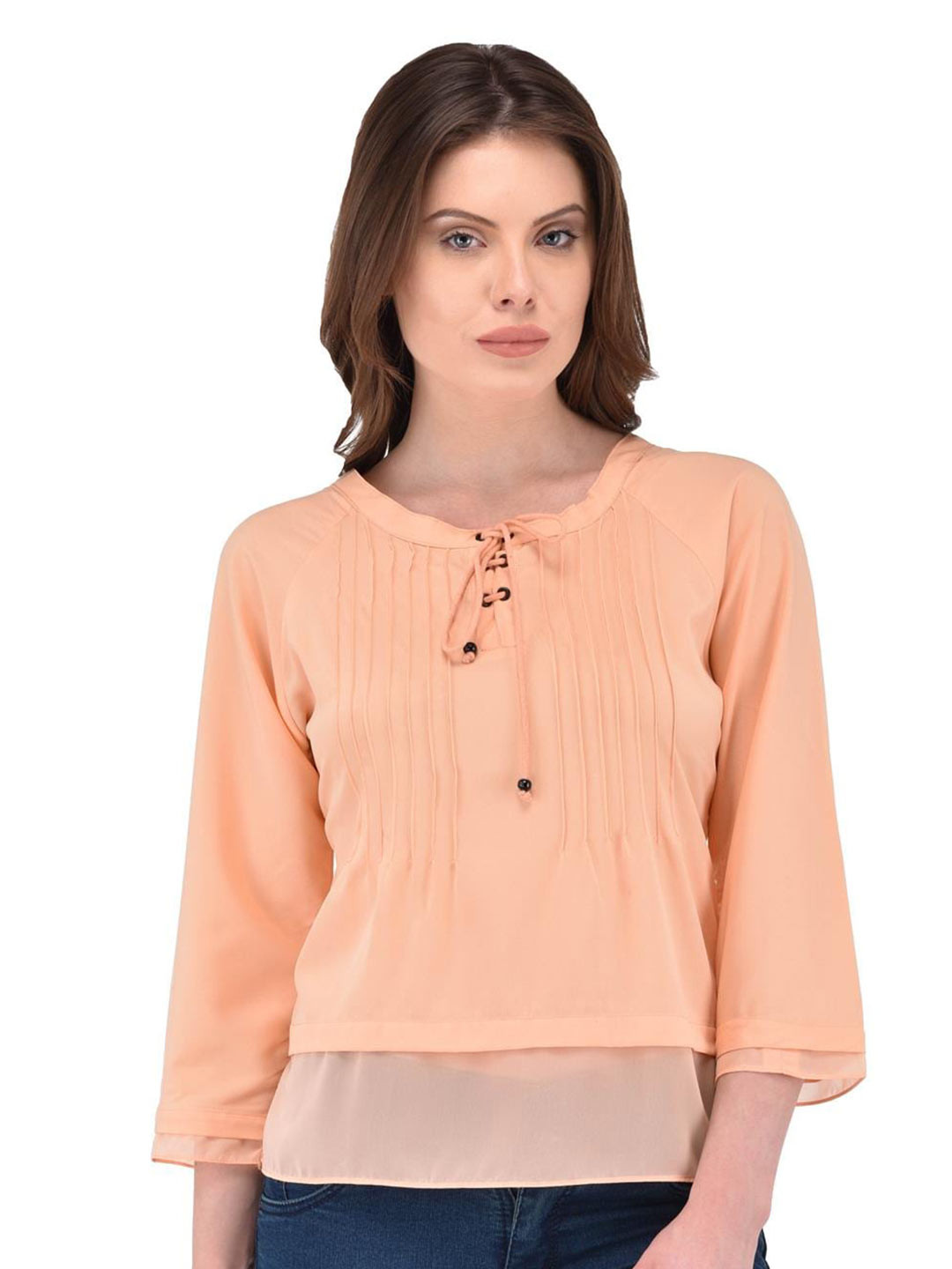 

Berrypeckers Tie-Up Neck Tiered Top, Peach