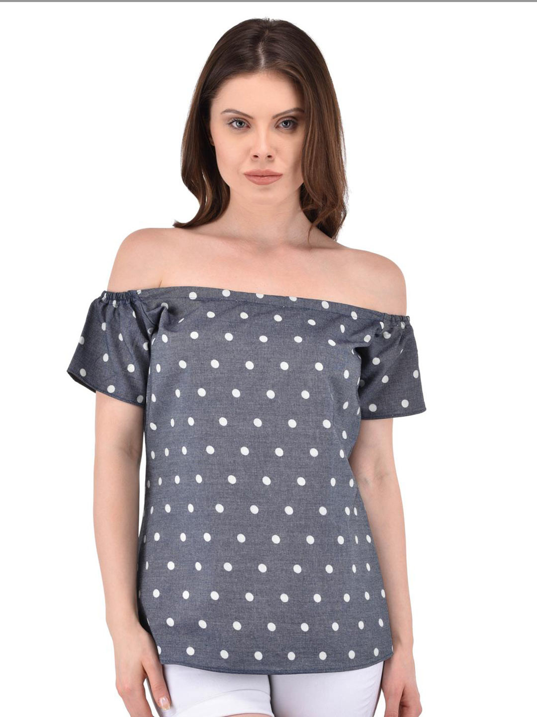 

Berrypeckers Polka Dot Printed Off-Shoulder Bardot Top, Grey