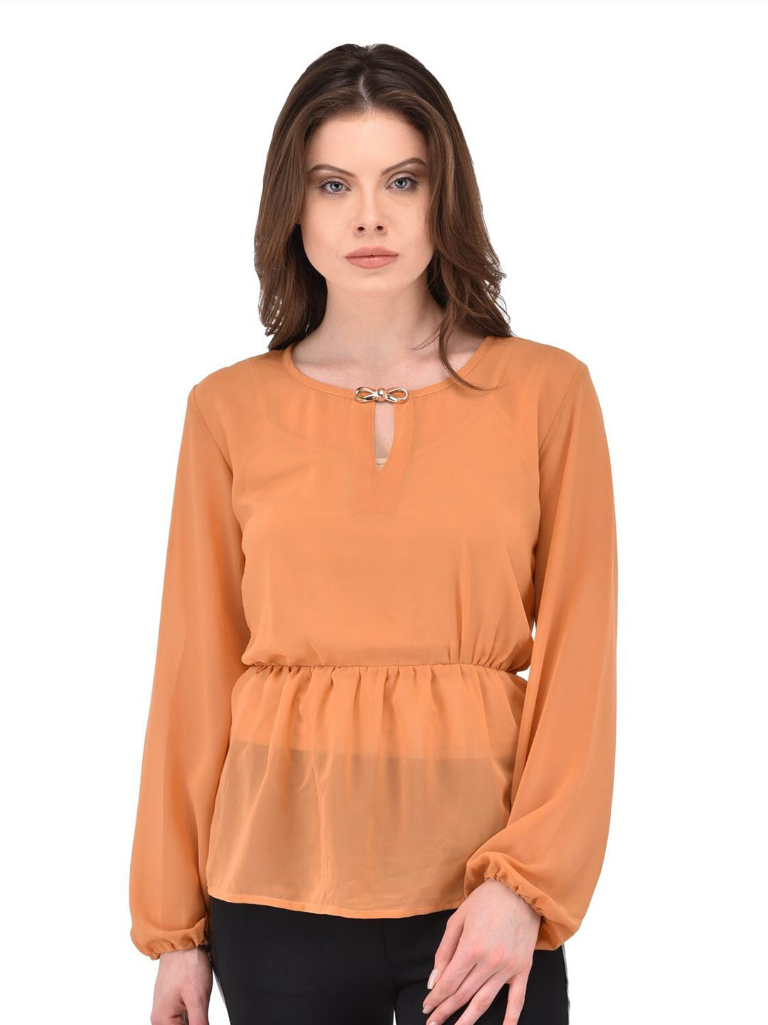 

Berrypeckers Cuffed Sleeves Cinched Waist Top, Orange