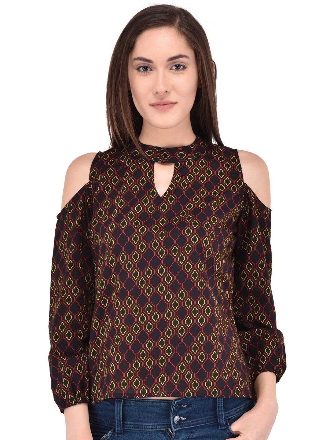 

Berrypeckers Conversational Printed Keyhole Neck Cold-Shoulder Cotton Top, Black