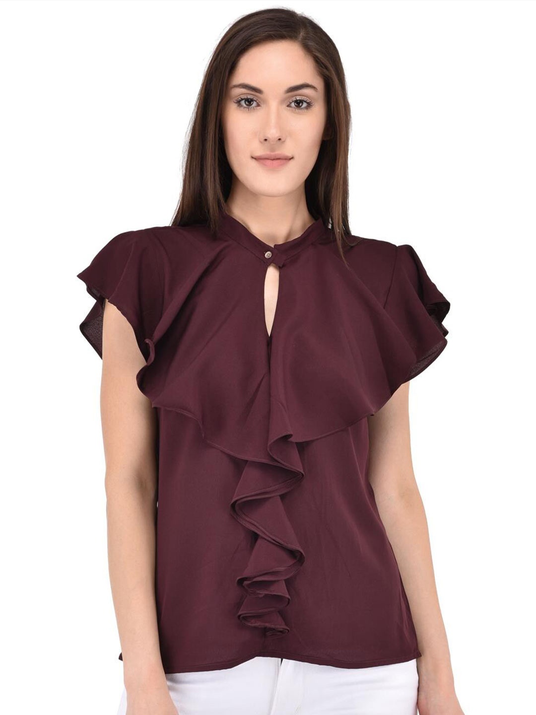 

Berrypeckers Keyhole Neck Flutter Sleeve Top, Brown