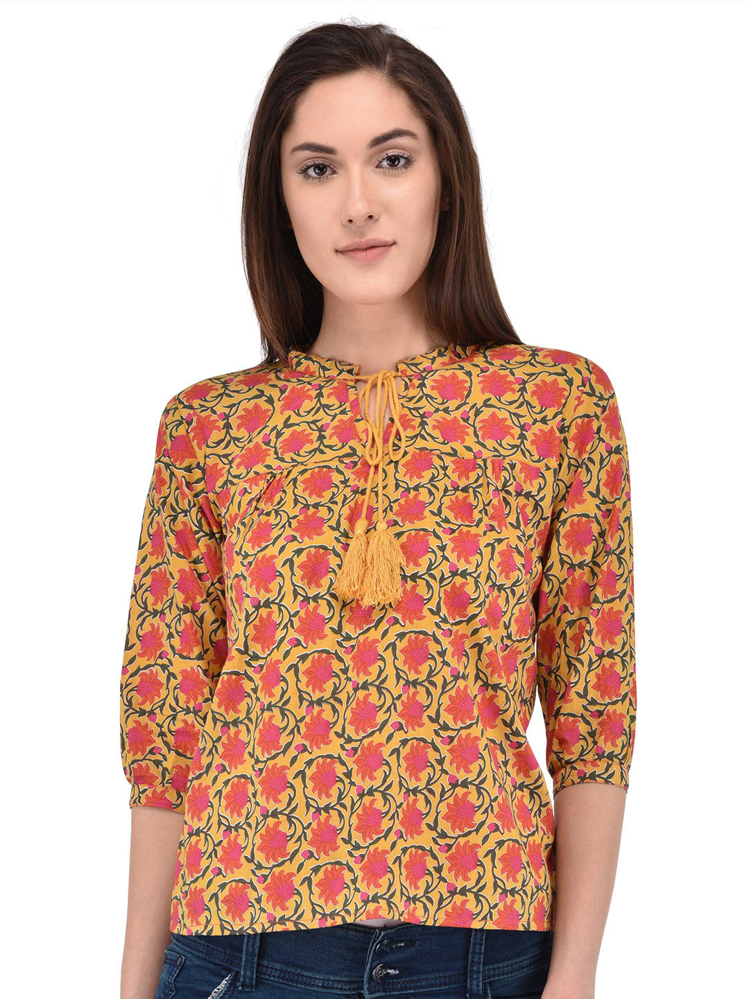 

Berrypeckers Floral Printed Tie-Up Neck Top, Yellow