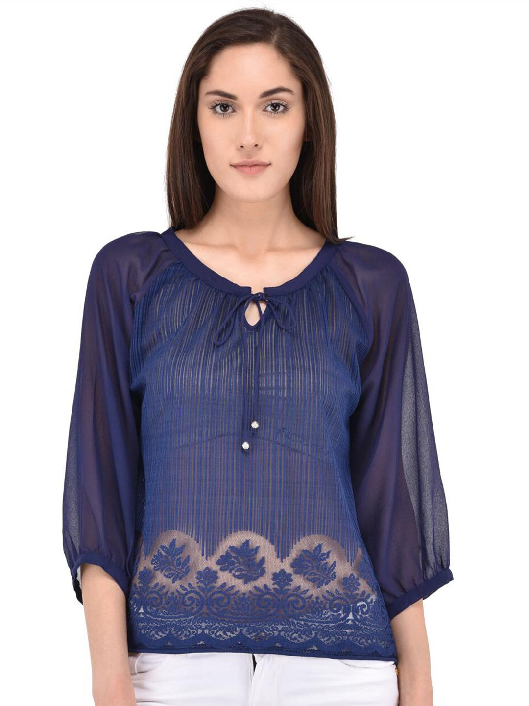 

Berrypeckers Ethnic Motifs Embroidered Sheer Tie-Up Neck Top, Blue