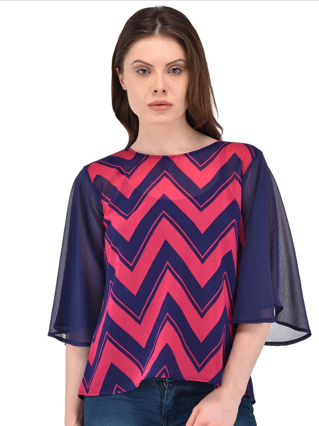 

Berrypeckers Chevron Printed Flared Sleeves Styled Back Top, Blue