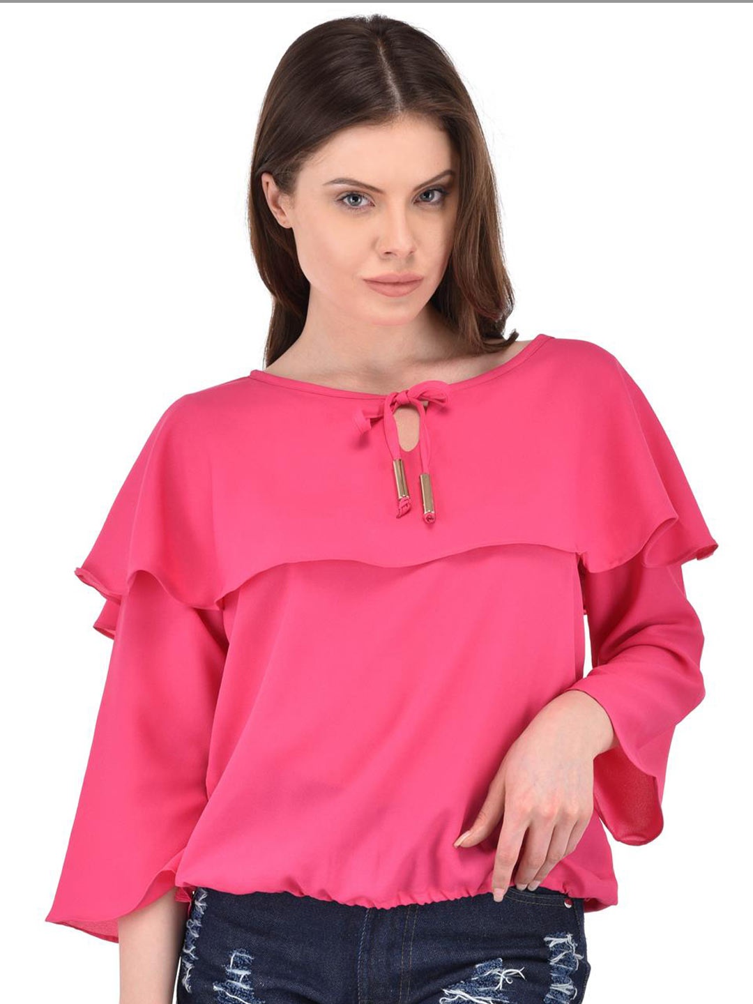 

Berrypeckers Keyhole Neck Ruffled Regular Top, Pink