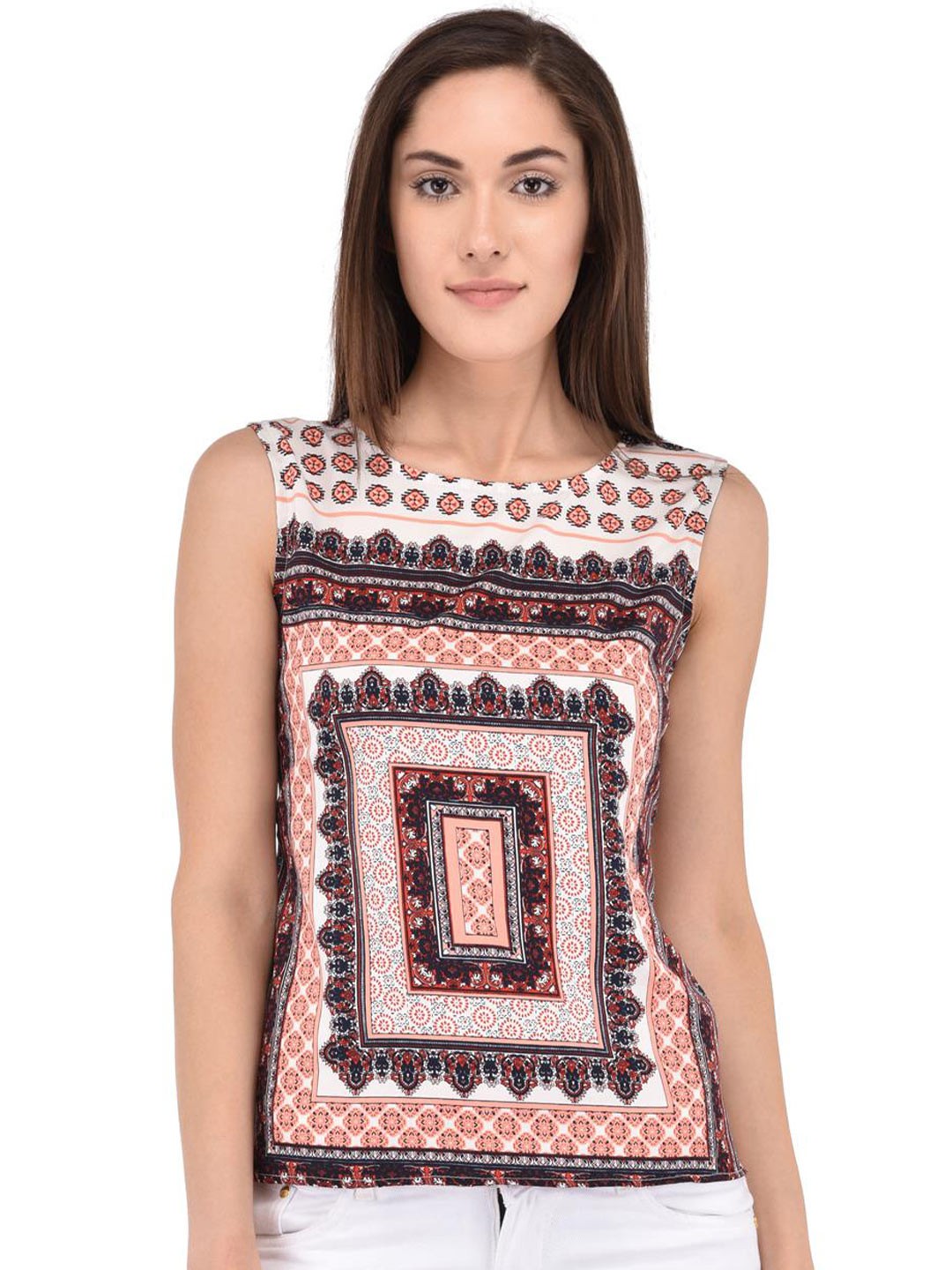 

Berrypeckers Tribal Printed Sleeveless Regular Top, White