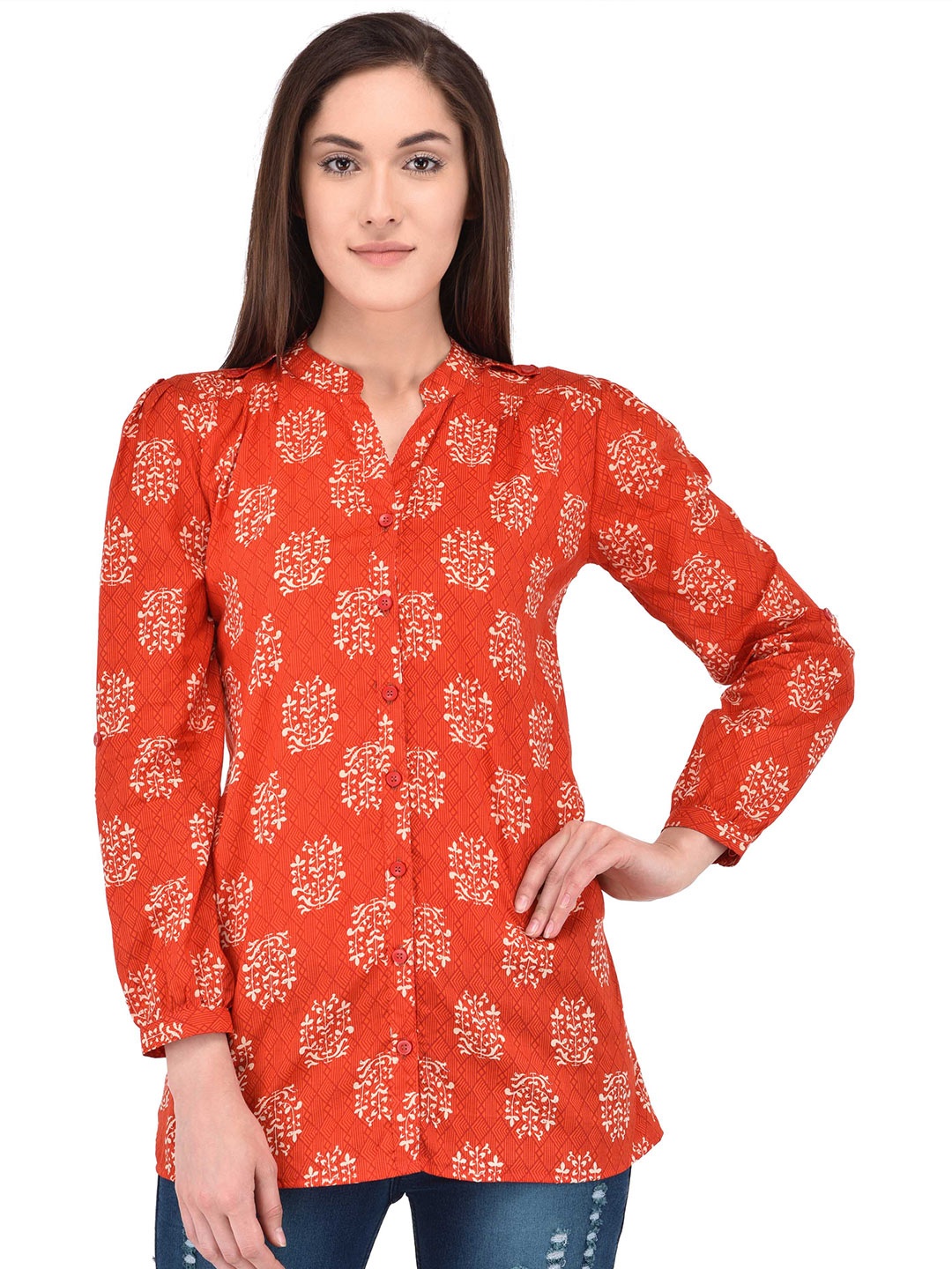 

Berrypeckers Ethnic Printed Mandarin Collar Cotton Shirt Style Top, Red