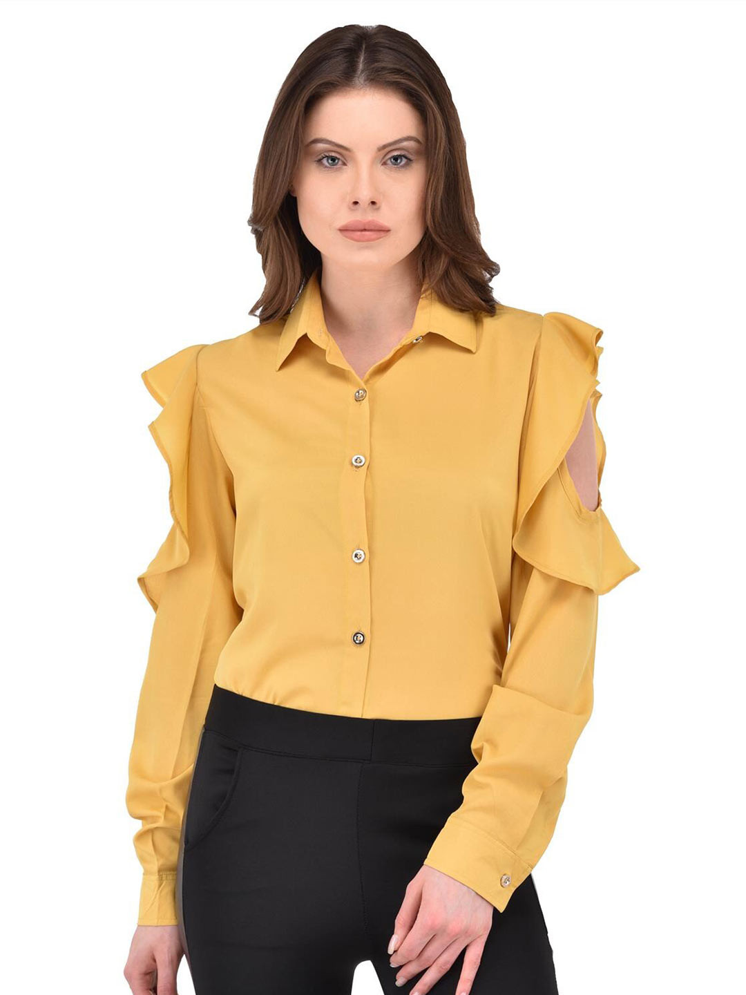 

Berrypeckers Cold-Shoulder Sleeves Ruffles Casual Crepe Shirt Style Top, Yellow
