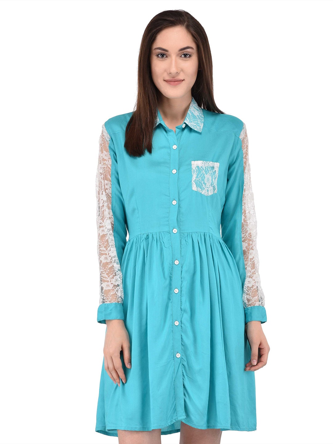 

Berrypeckers Shirt Collar Lace Detailed Shirt Dress, Blue