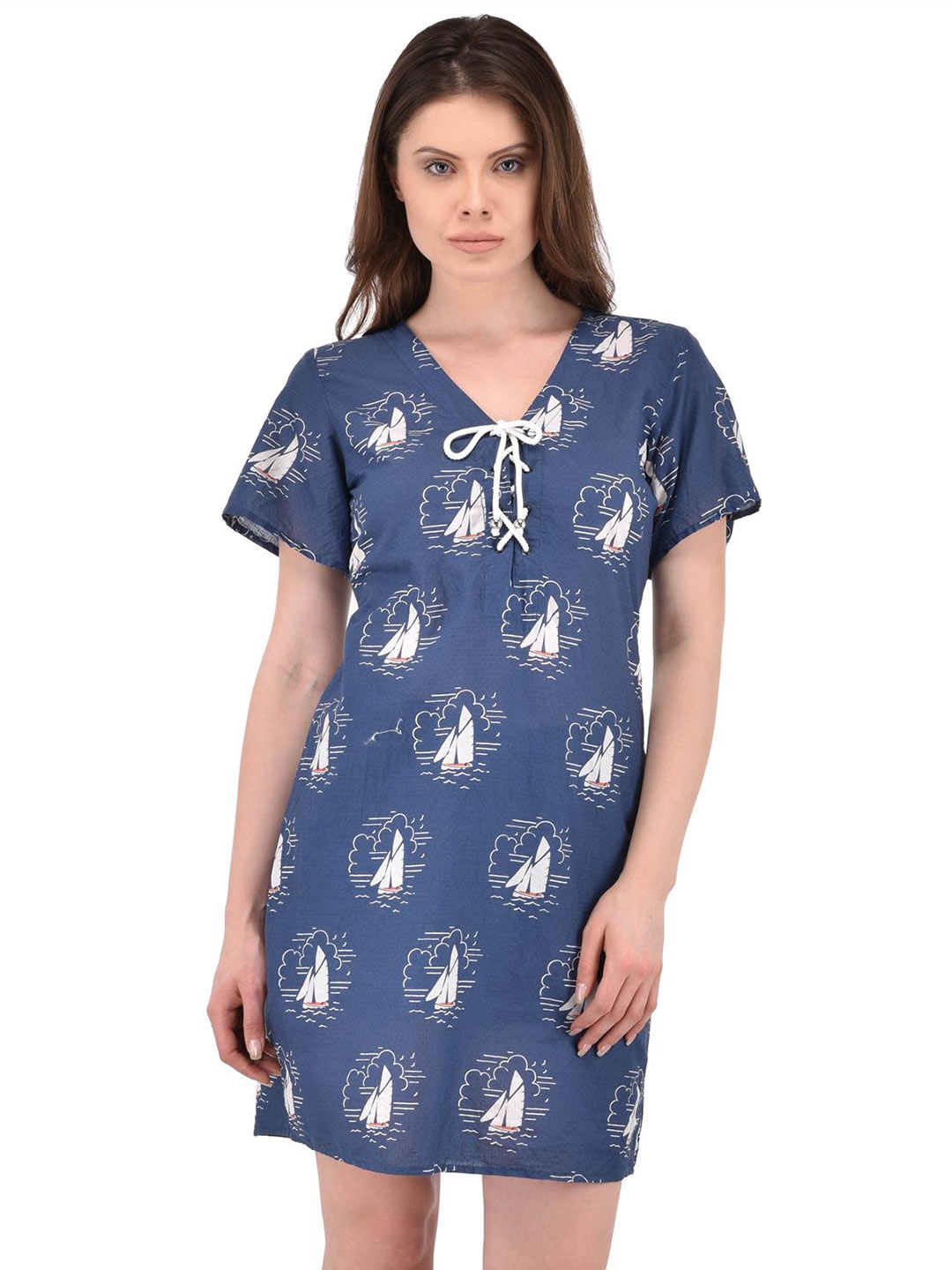 

Berrypeckers Nautical Printed V-Neck Cotton Sheath Dress, Blue