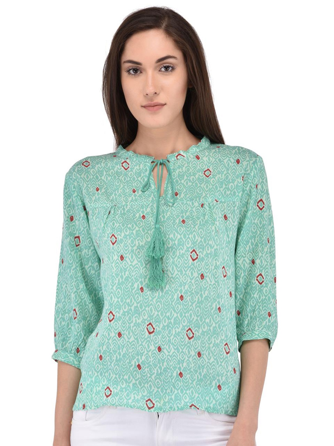 

Berrypeckers Floral Printed Tie-Up Neck Cotton Top, Green