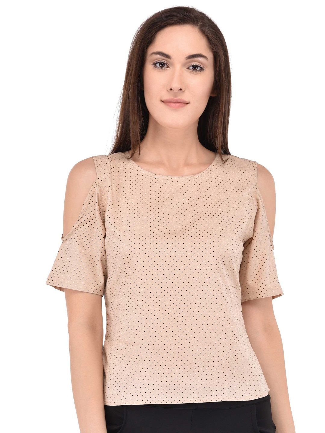 

Berrypeckers Polka Dot Printed Cold-Shoulder Regular Top, Peach