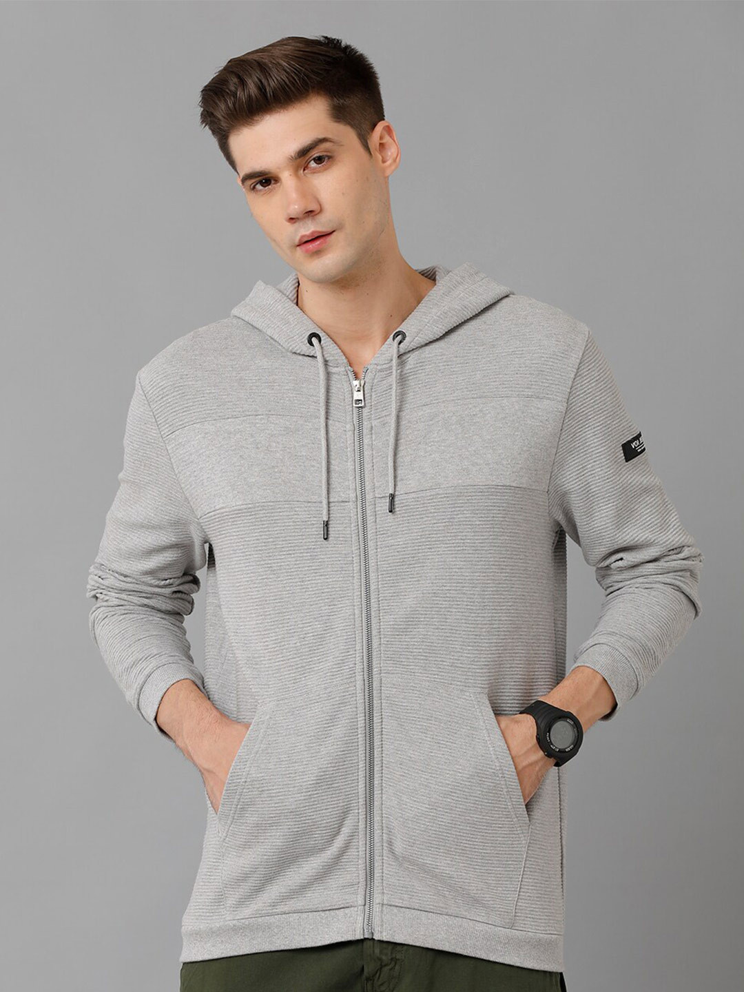 

Voi Jeans Hooded Front-Open Pure Cotton Sweatshirt, Grey
