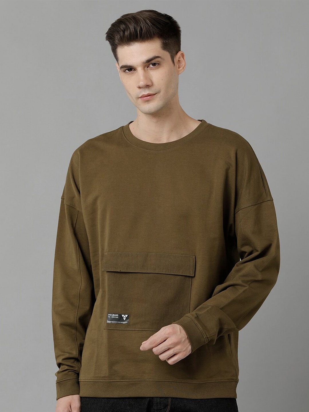 

Voi Jeans Crew Neck Pure Cotton Pullover Sweatshirt, Olive