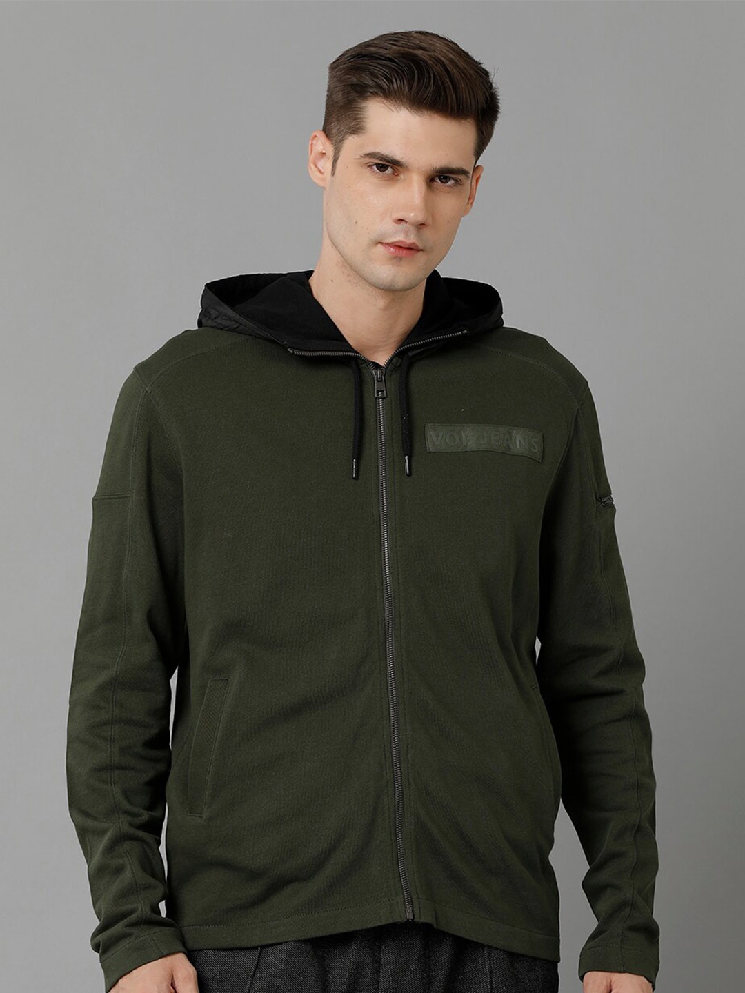 

Voi Jeans Hooded Front-Open Pure Cotton Sweatshirt, Black