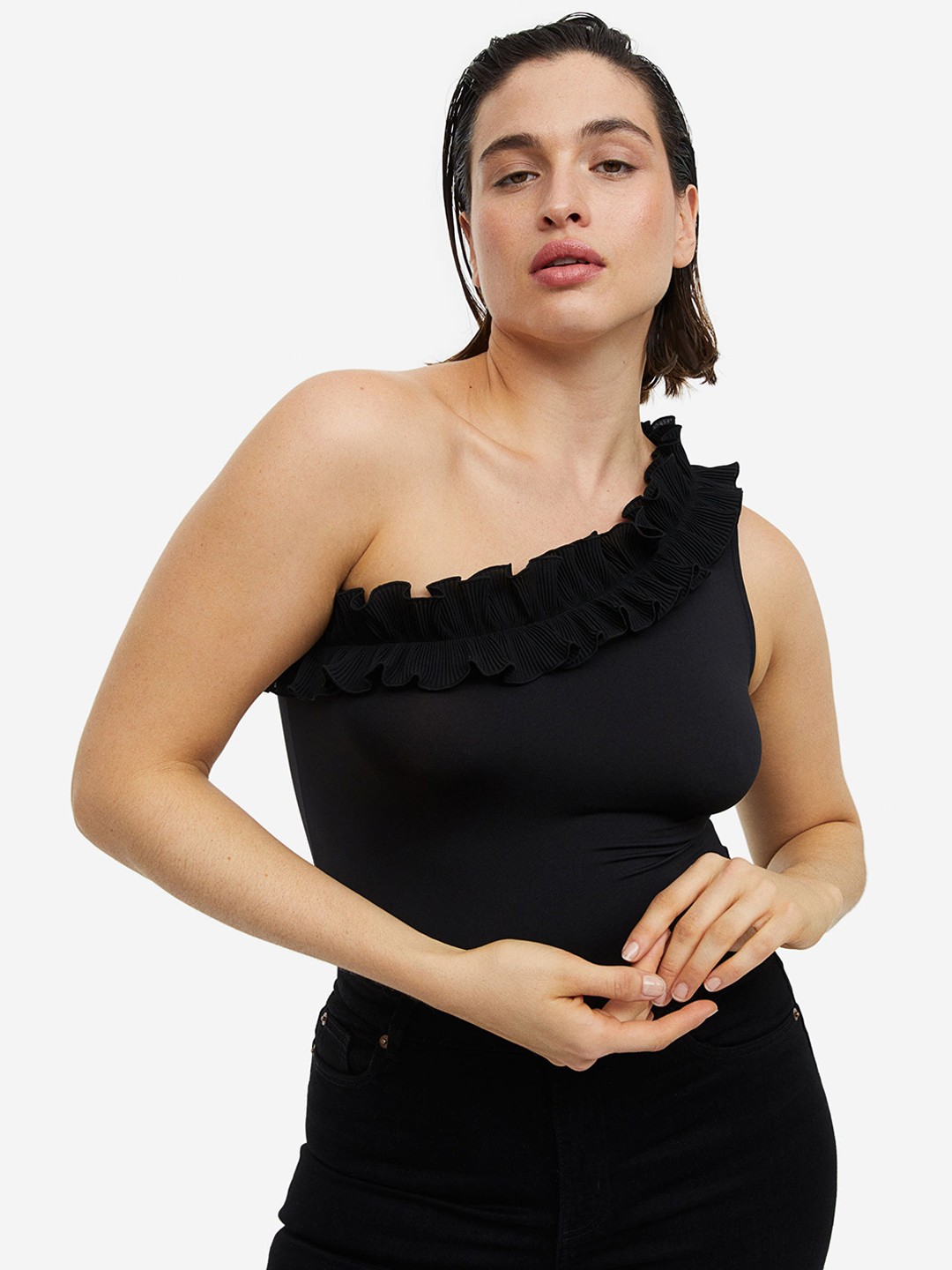 

H&M Women One-Shoulder Thong Bodysuit, Black