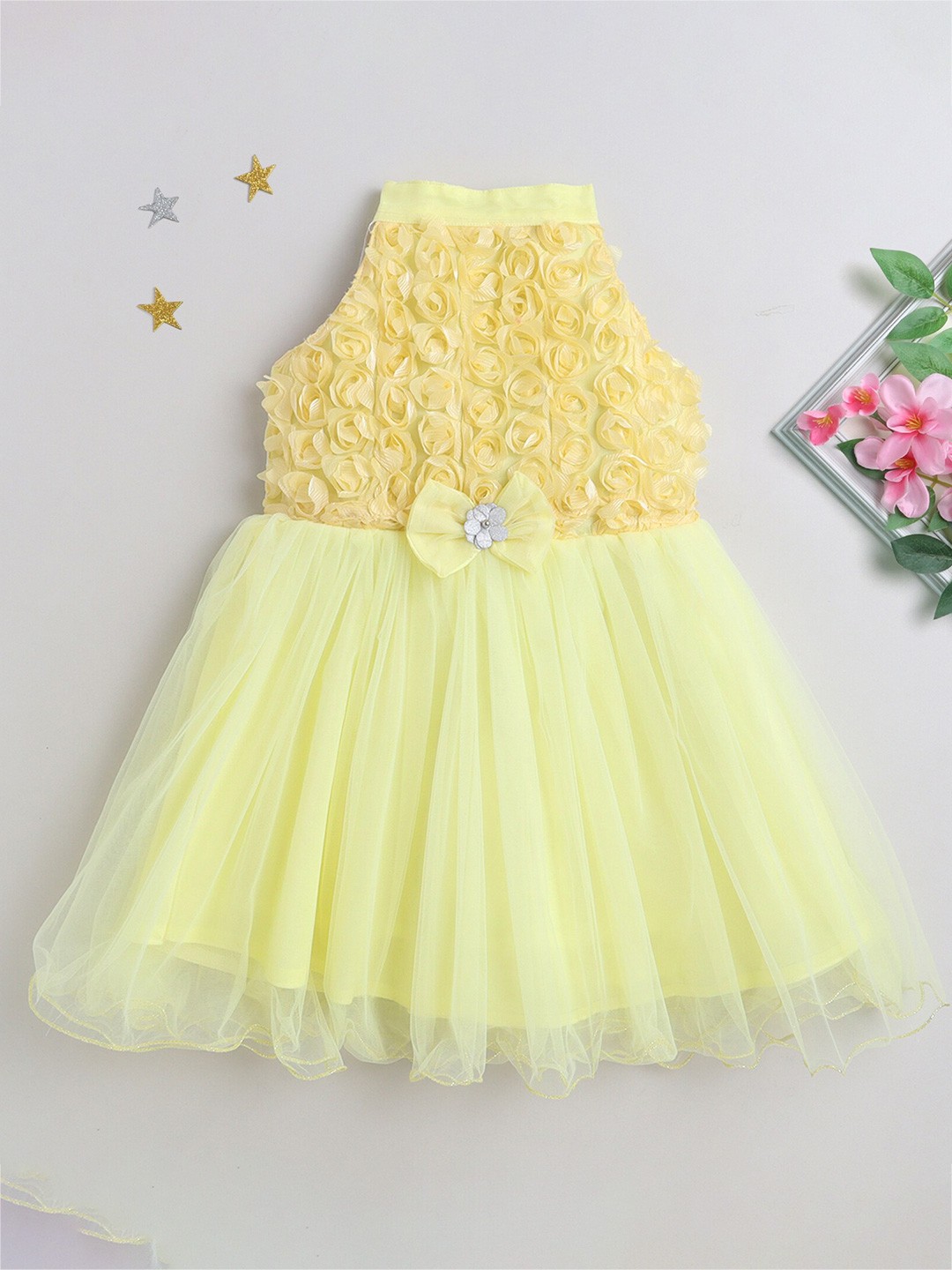 

MANY FROCKS & Girls Self Design Fit & Flare Dress, Yellow