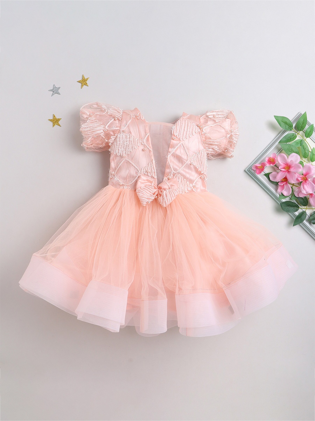 

MANY FROCKS & Girls Threadwork Bow Detail Fit & Flare Dress, Peach