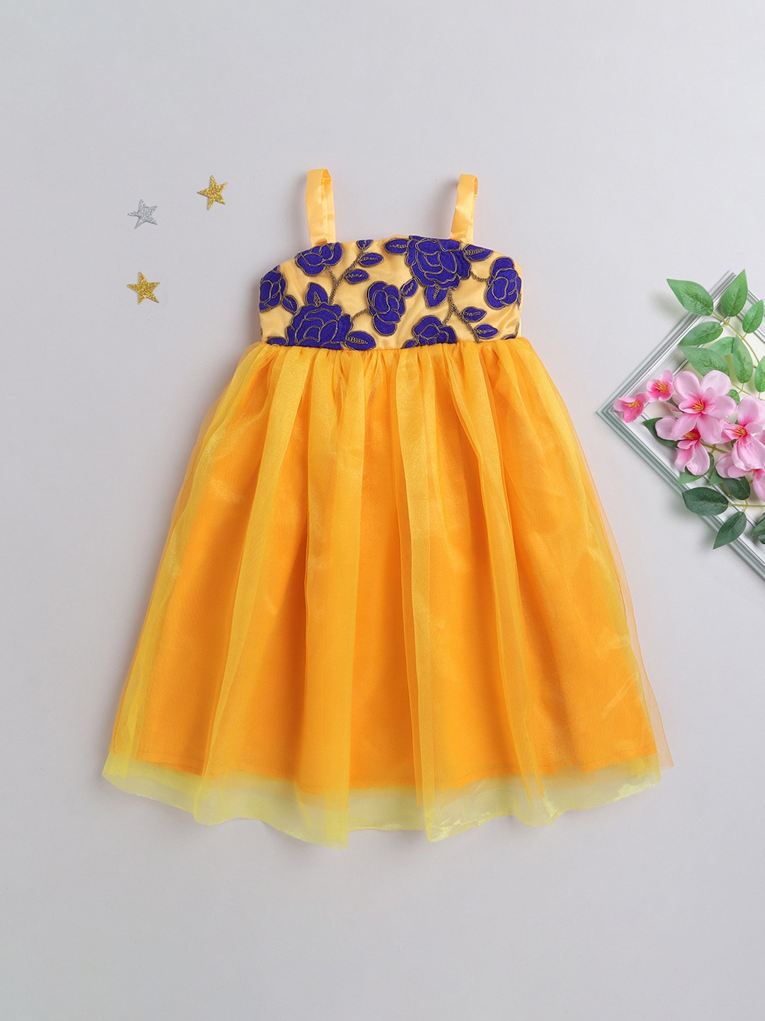 

MANY FROCKS & Girls Floral Embroidered Empire Midi Dress, Yellow