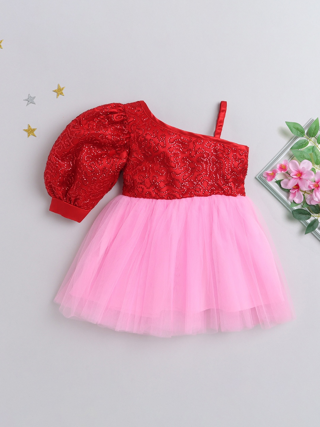 

MANY FROCKS & Girls Sequined One Shoulder Net Dress, Pink