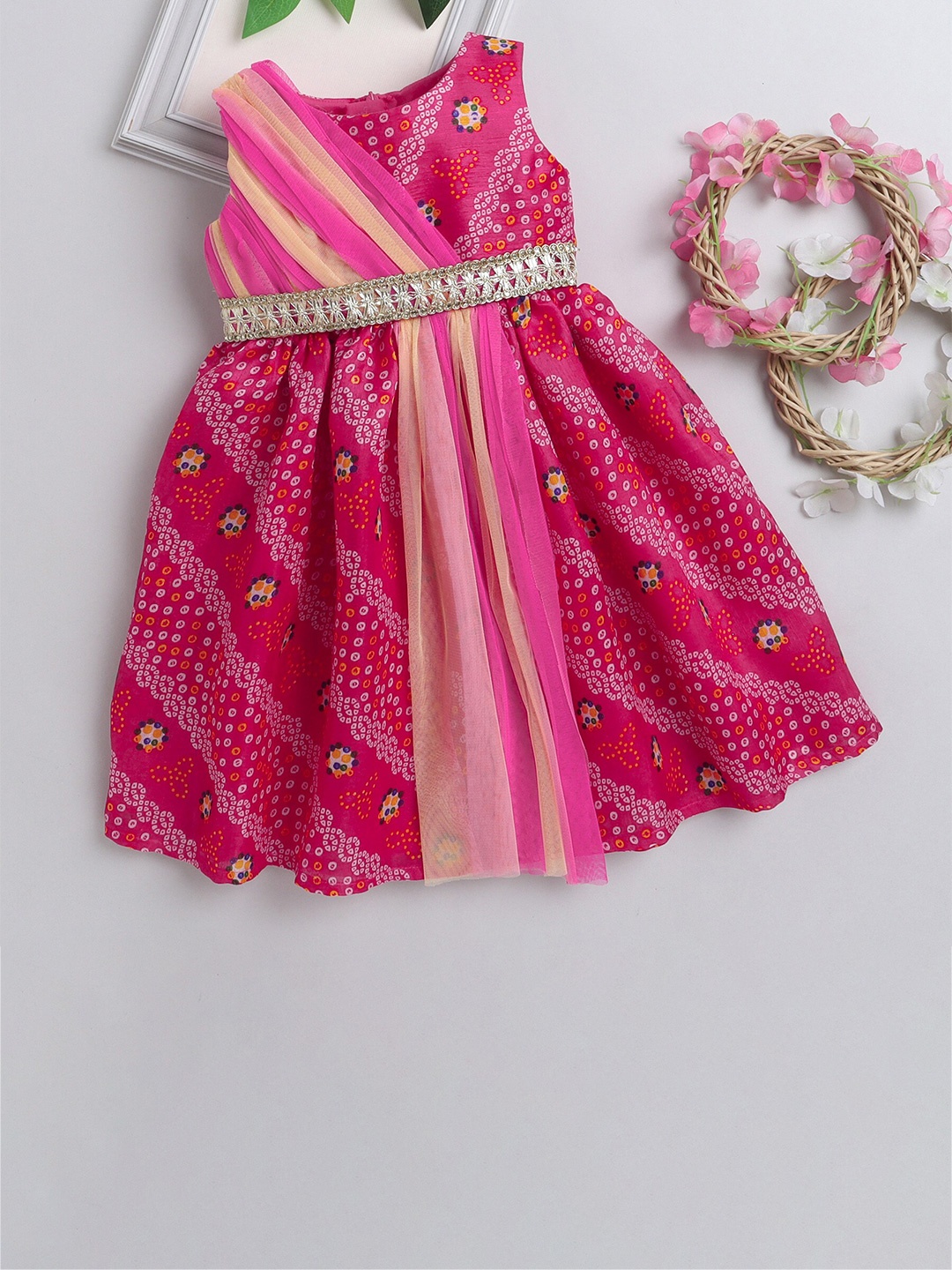 

MANY FROCKS & Bandhani Printed Fit & Flare Ethnic Dress, Pink