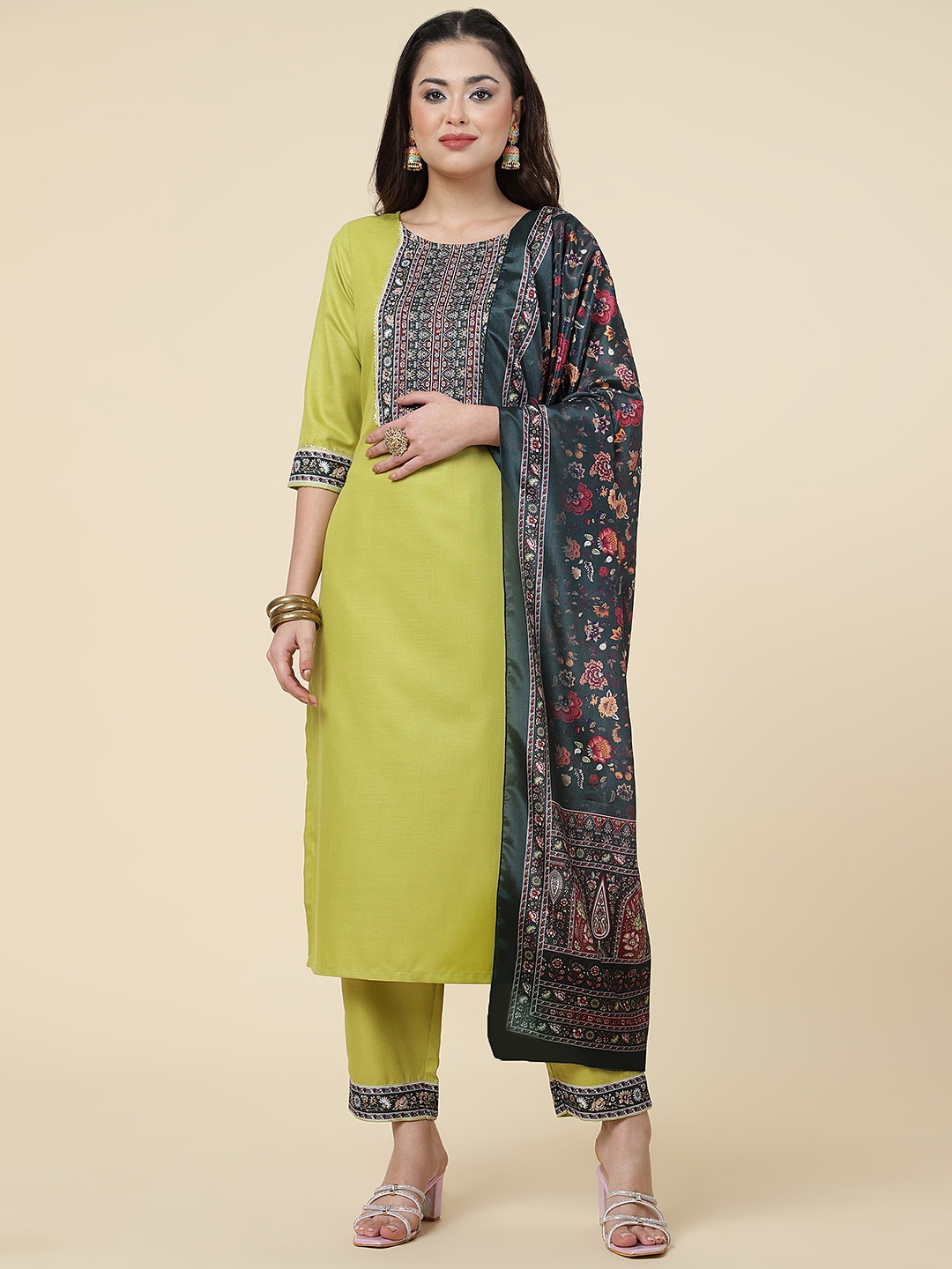 

HERE&NOW Ethnic Motifs Printed Yoke Designed Regular Kurta with Trousers & Dupatta, Lime green