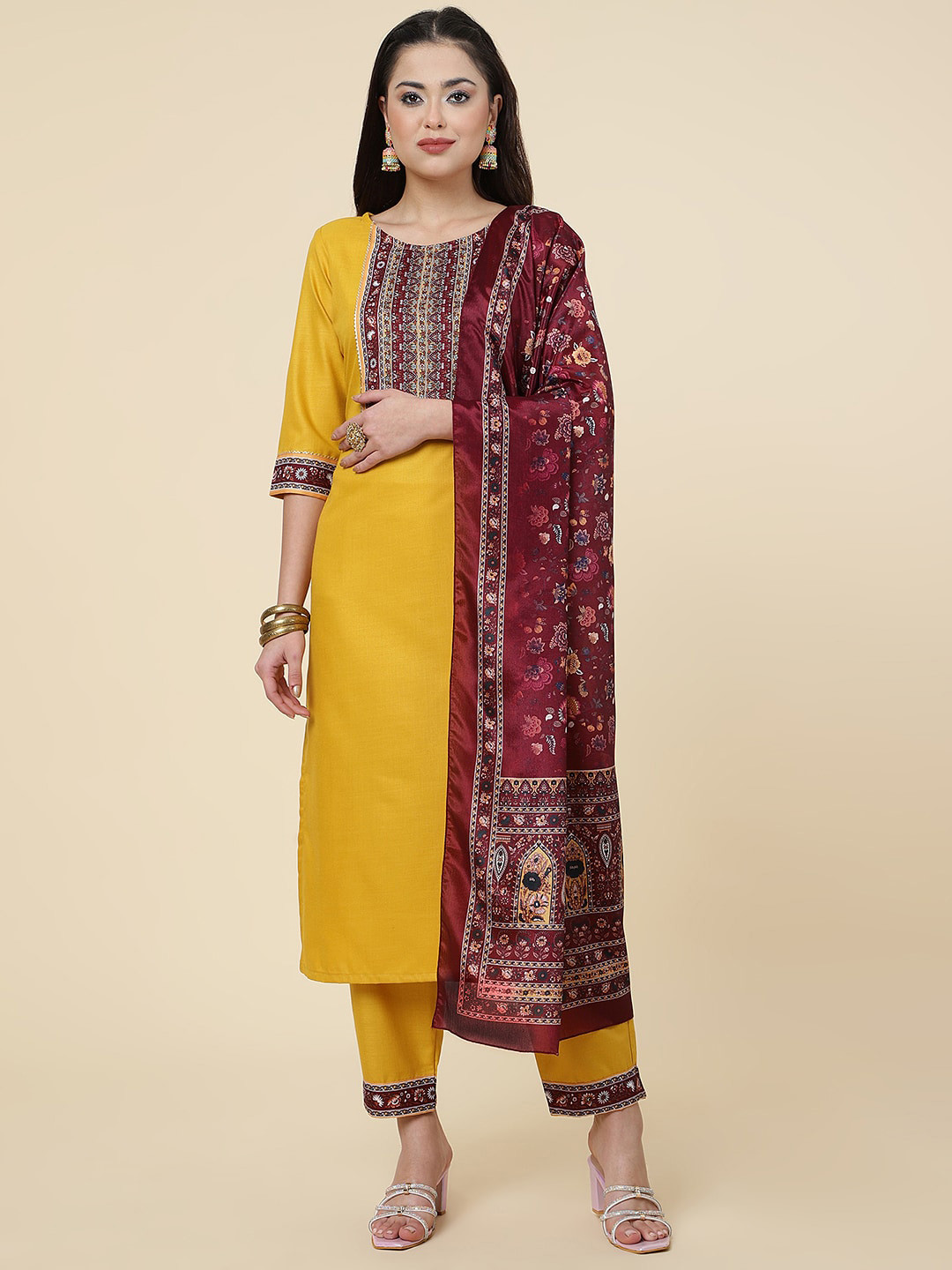 

HERE&NOW Yellow Ethnic Motifs Yoke Design Kurta & Trousers With Dupatta