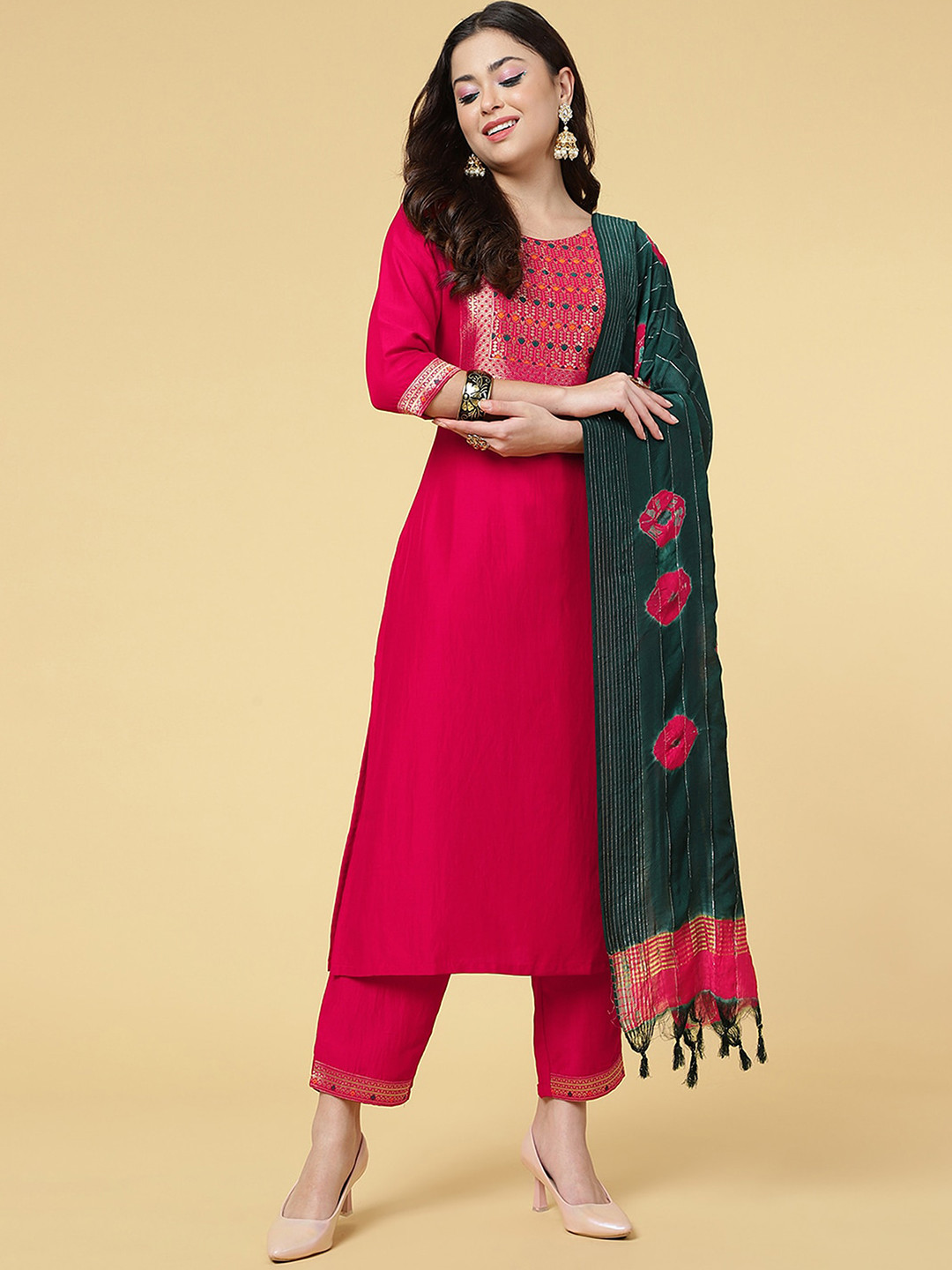 

HERE&NOW Ethnic Motifs Zari Yoke Designed Regular Kurta with Trousers & Dupatta, Red
