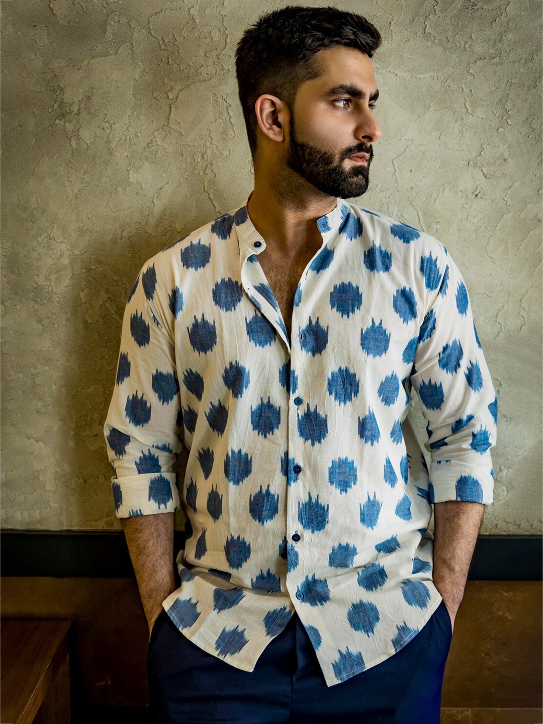 

INPE Comfort Slim Fit Ikat Printed Cotton Casual Shirt, Cream
