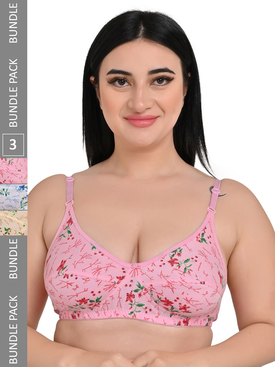 

Piylu Pack Of 3 Floral All Day Comfort Cotton Full Coverage Non-Wired Everyday Bra, Pink