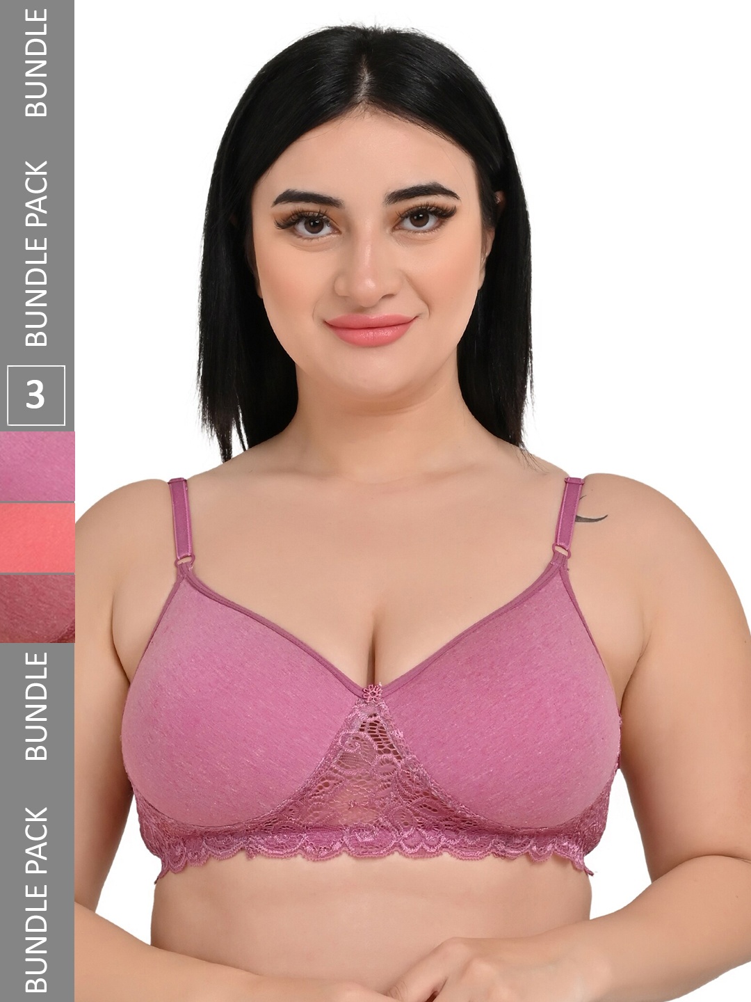 

Piylu Pack Of 3 Padded Non Wired Full Coverage Cotton T Shirt Lace Bras, Pink