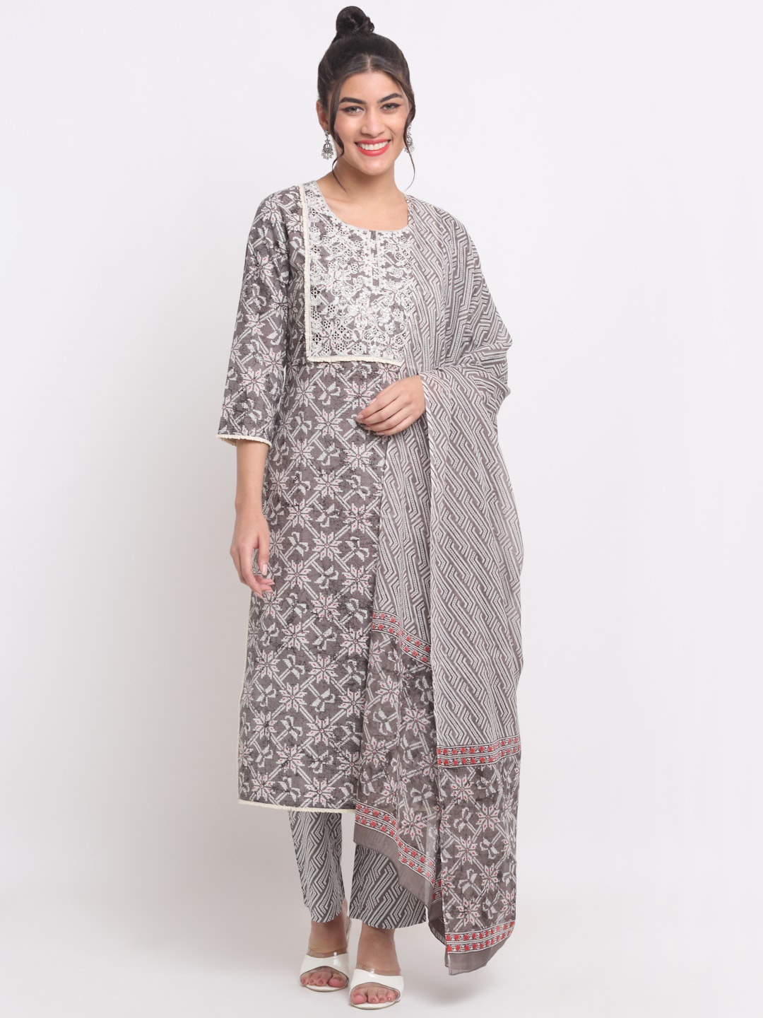 

KALINI Ethnic Motifs Printed Cotton Kurta with Palazzos & With Dupatta, Grey