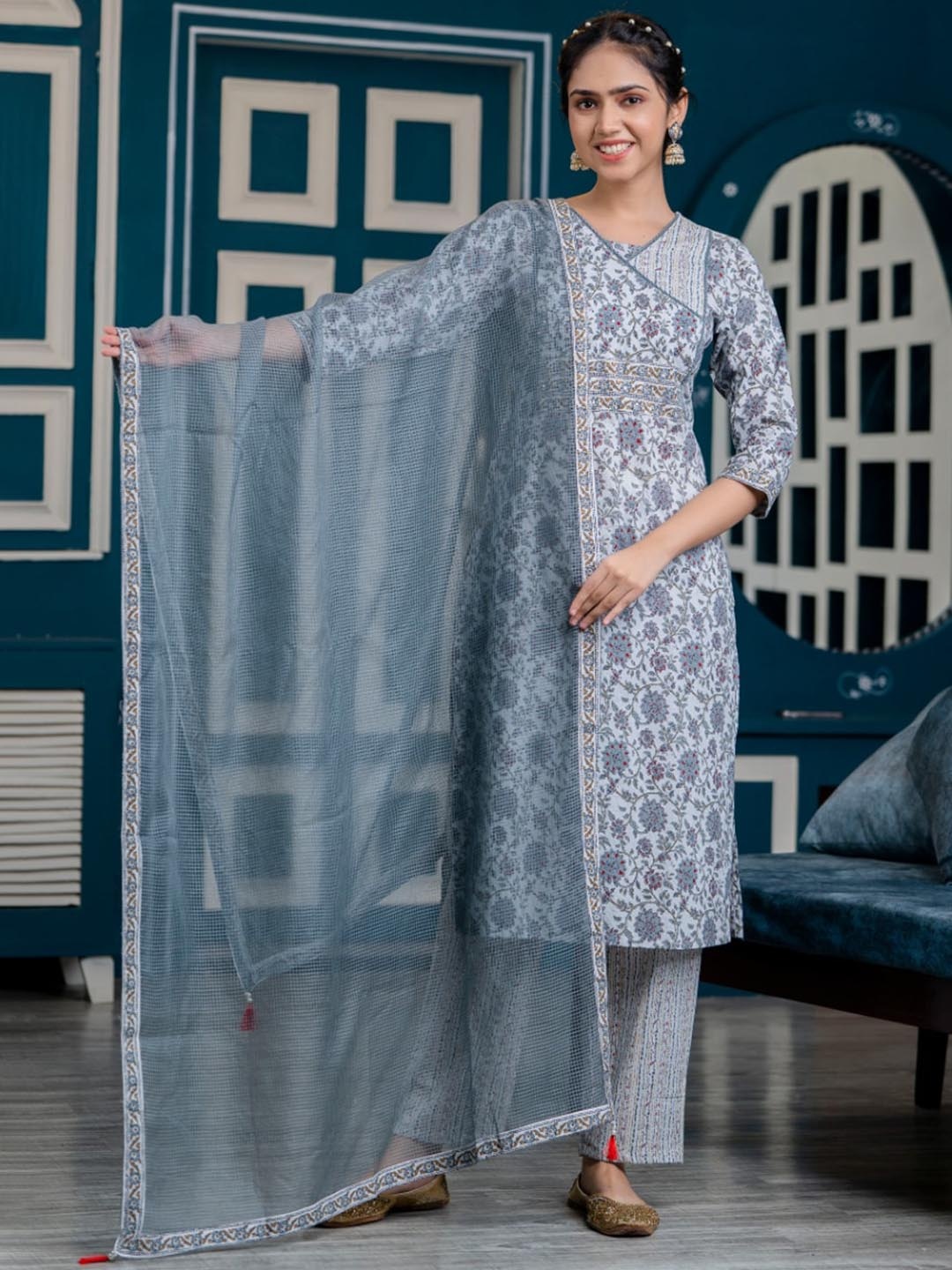

KALINI Floral Motifs Printed Cotton Kurta with Palazzos & With Dupatta, Blue