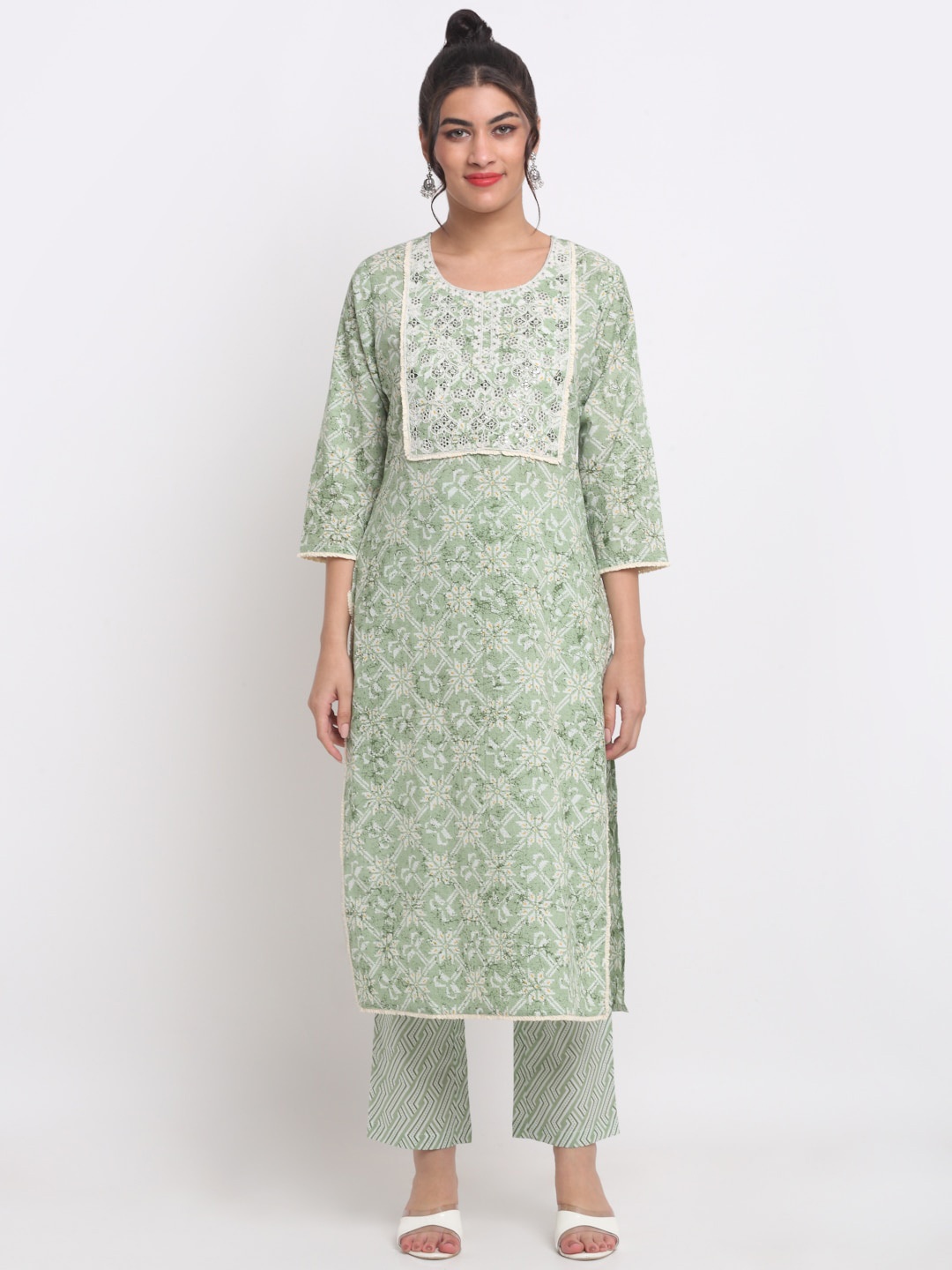 

KALINI Ethnic Motifs Printed Cotton Kurta with Palazzos & With Dupatta, Green