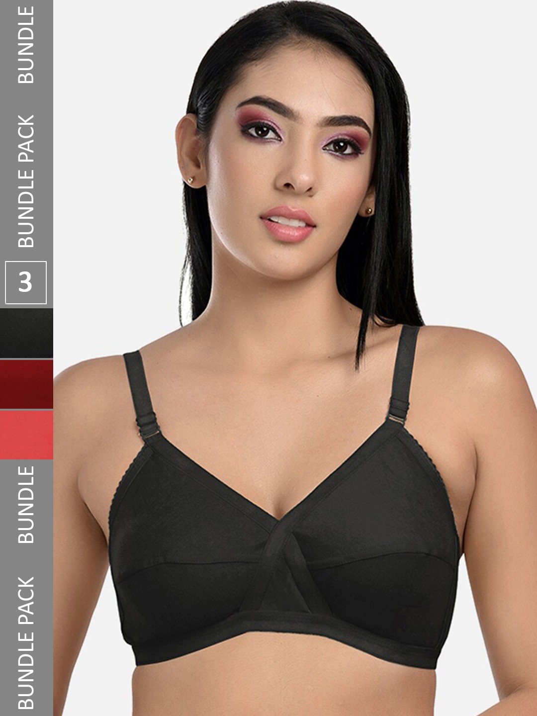 

StyFun Pack Of 3 Non Padded Cut & Sew Full Coverage Cotton Everyday Bra-All Day Comfort, Black