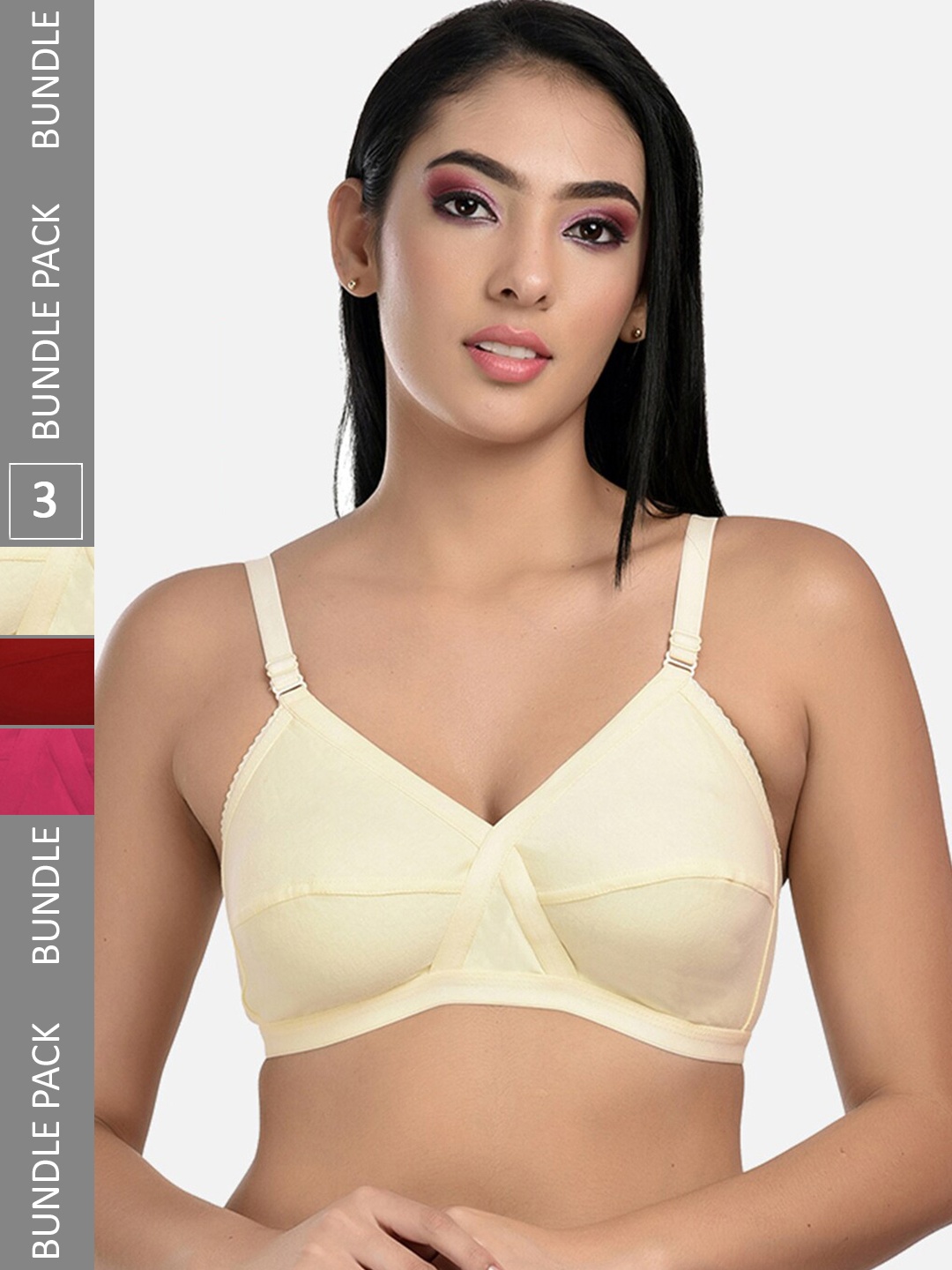 

StyFun Pack Of 3 Non Padded Cut & Sew Dry-Fit Full Coverage Cotton Everyday Bra, Beige