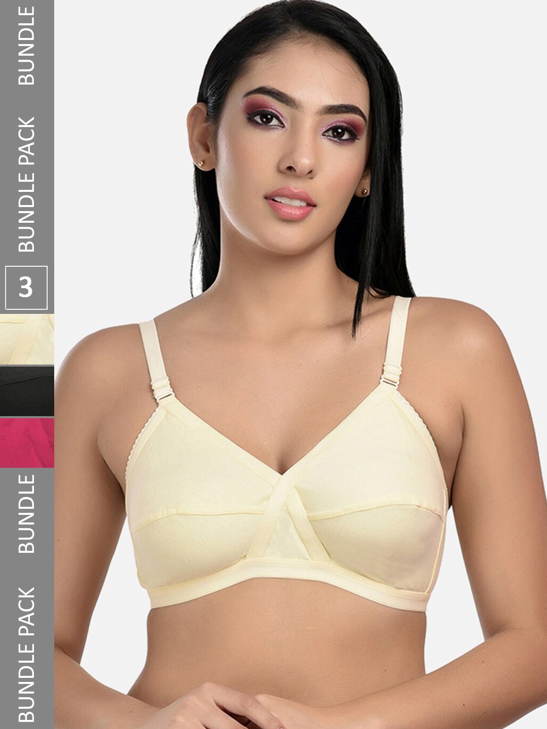 

StyFun Pack Of 3 Non Padded Cut & Sew Dry-Fit Full Coverage Cotton Everyday Bra, Pink