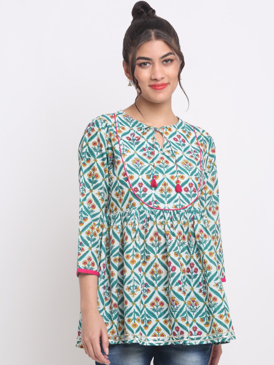 

KALINI Floral Printed Regular Cotton Top, Green