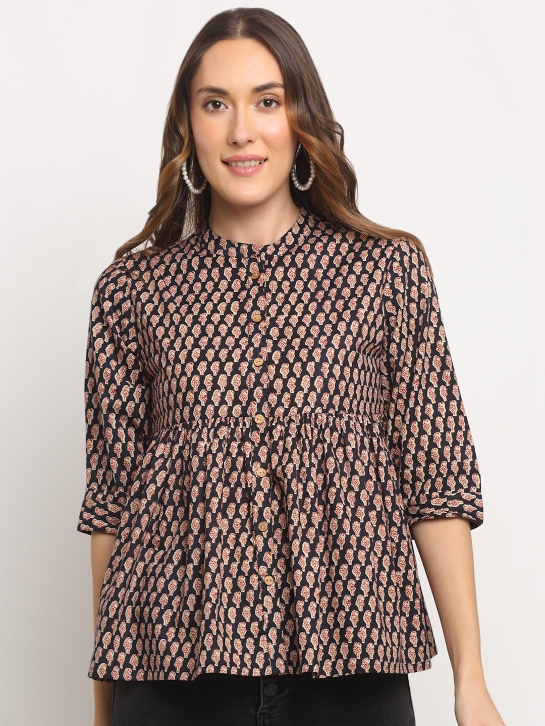

KALINI Floral Printed Mandarin Collar Regular Cotton Top, Black