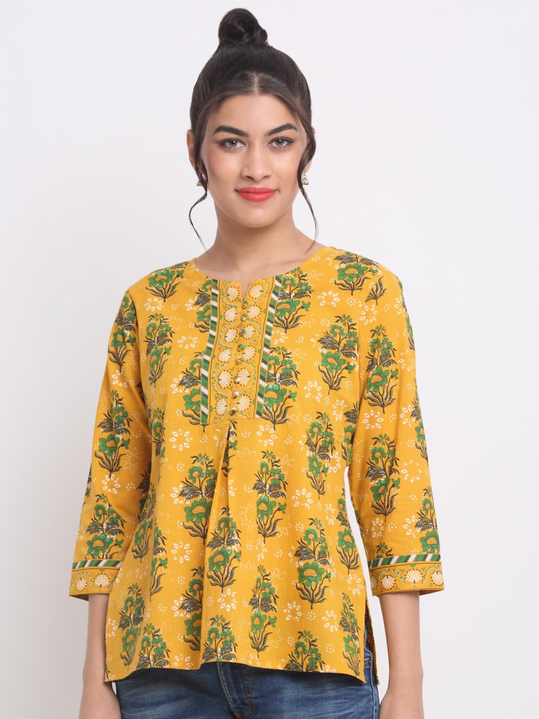 

KALINI Floral Printed Cotton Top, Yellow