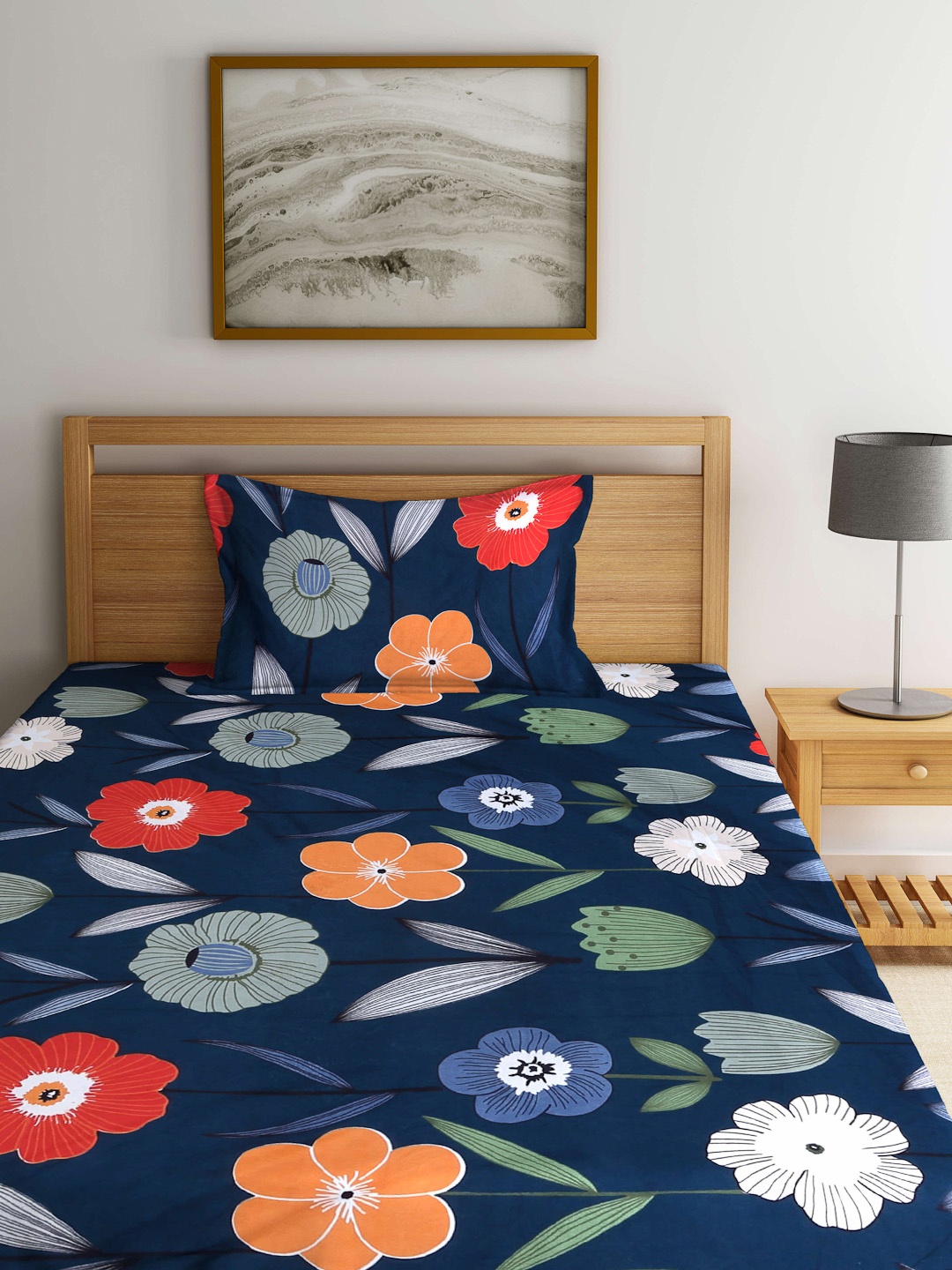

Arrabi Navy Blue & Green Floral Printed 300 TC Fitted Single Bedsheet With 1 Pillow Cover