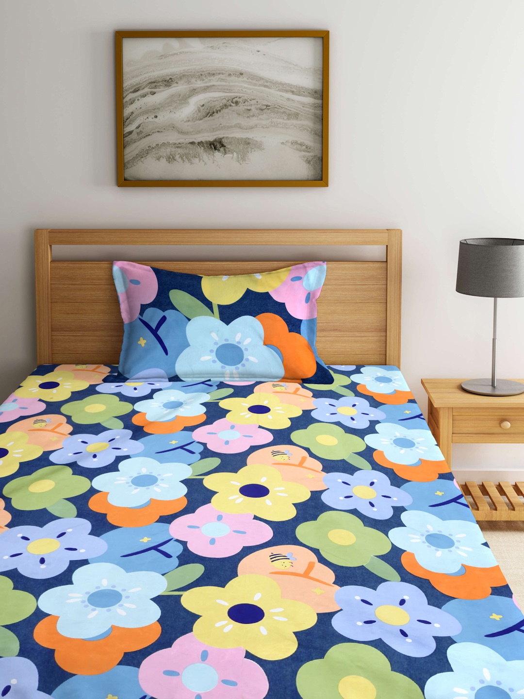 

Arrabi Blue & Yellow Floral 300 TC Fitted Single Bedsheet with 1 Pillow Cover