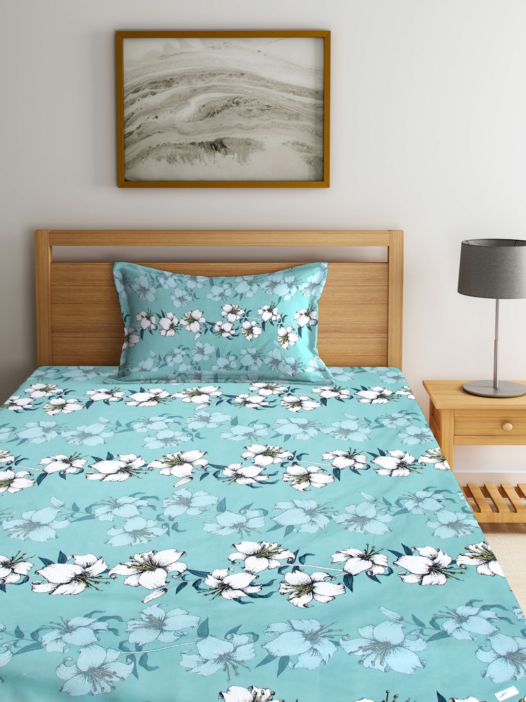 

Arrabi Sea Green & White Floral 300 TC Fitted Single Bedsheet with 1 Pillow Cover