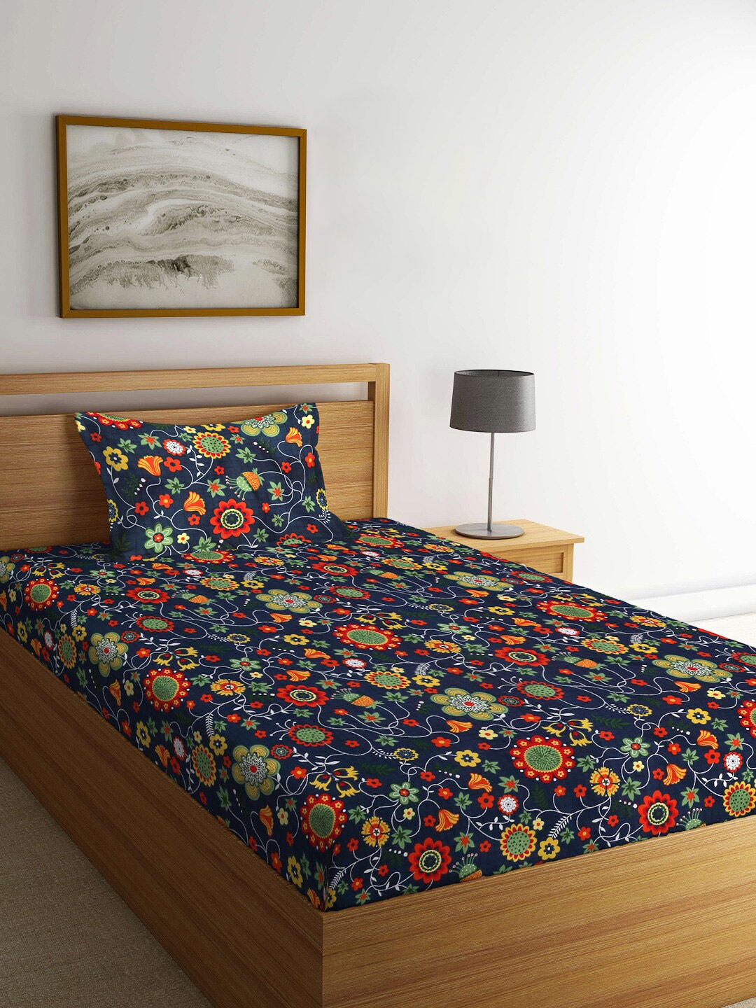 

Arrabi Blue & Orange Floral 300 TC Fitted Single Bedsheet with 1 Pillow Covers