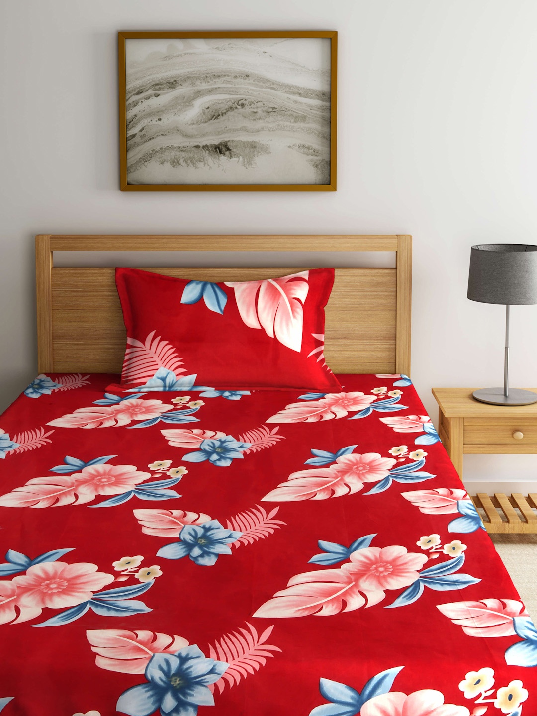 

Arrabi Red & Blue Floral 300 TC Fitted Single Bedsheet with 1 Pillow Covers