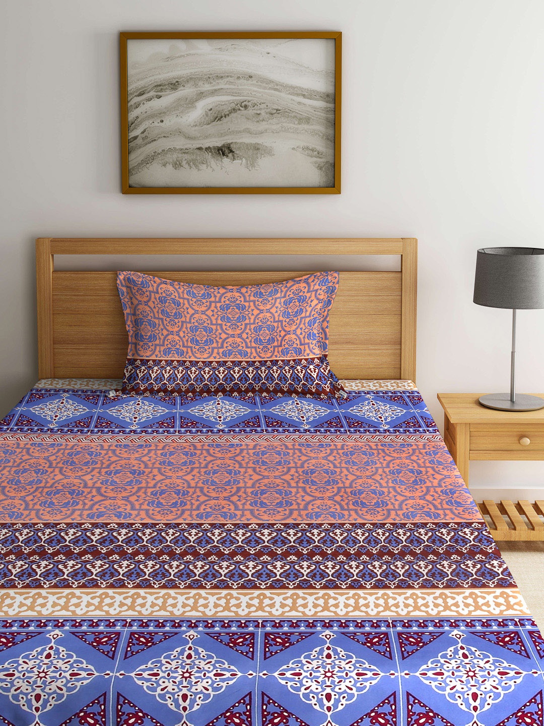 

Arrabi Blue & Maroon Ethnic Motifs 300 TC Fitted Single Bedsheet With 1 Pillow Cover