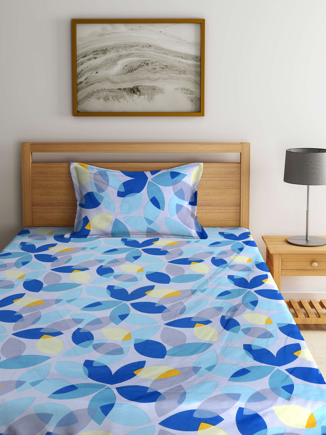 

Arrabi Grey & Blue Floral Printed 300 TC Fitted Single Bedsheet With 1 Pillow Cover