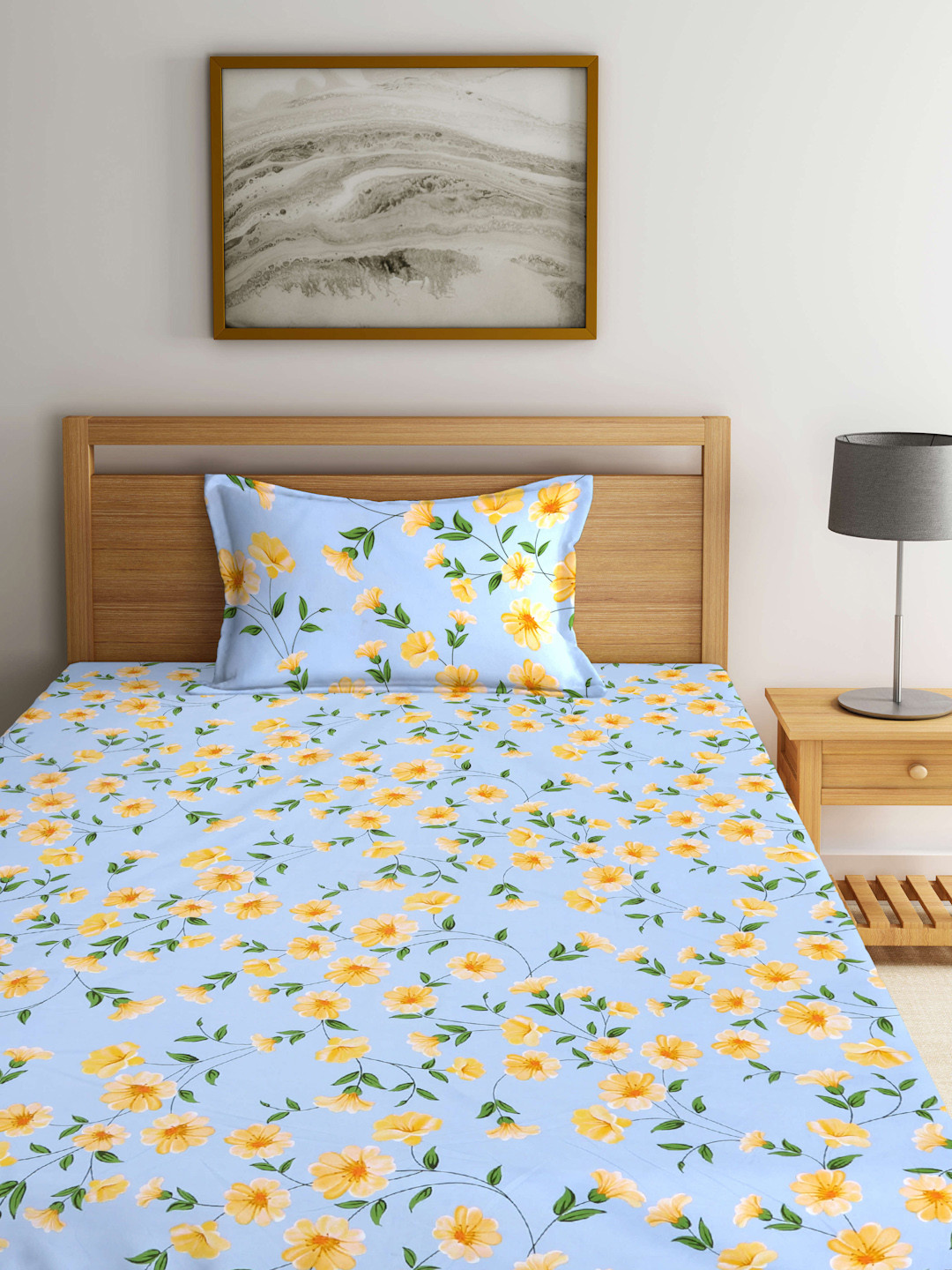 

Arrabi Blue & Yellow Floral Printed 300 TC Fitted Single Bedsheet With 1 Pillow Cover