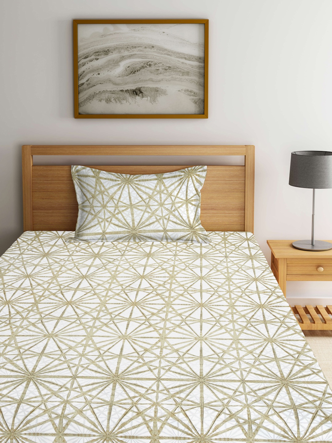 

Arrabi Beige & Green Geometric Fitted 300 TC Single Bedsheet With 1 Pillow Cover